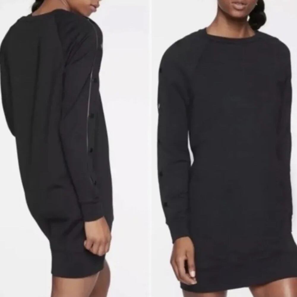 Athleta Women’s Black Raglan Snap Sleeve Mini Sweater Dress Crew Neck Size M - Picture 1 of 9